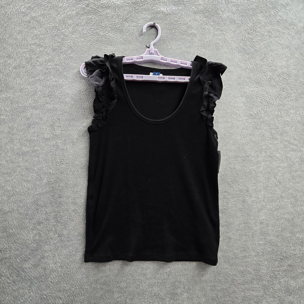 Old Navy Women Shirt M Black‎ Ruffle Scoop Neck Pullover Short Sleeve NWT